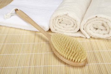 Obraz na płótnie Canvas Wellness - Badebürste und Handtücher auf Bambusmatte