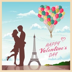 Fototapeta na wymiar Valentine's day card with romantic couple in Paris background