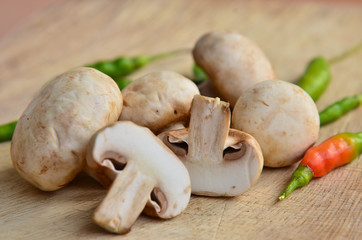 Champignon on wooden background