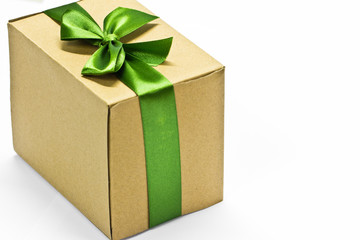Single gift box with green ribbon on white background.