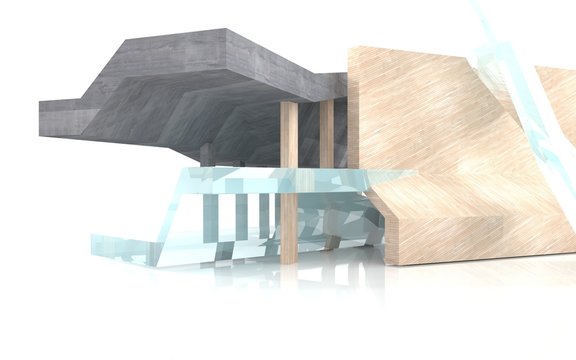 Abstract of concrete, glass and wood, background 