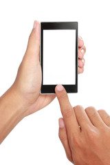 Hand holding mobile smart phone with blank screen