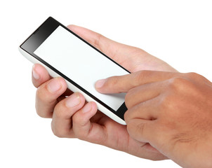 Hand holding mobile smart phone with blank screen