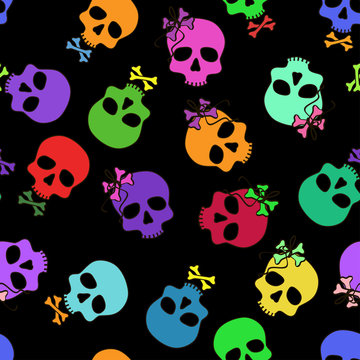 Seamless pattern of funny cartoon skulls