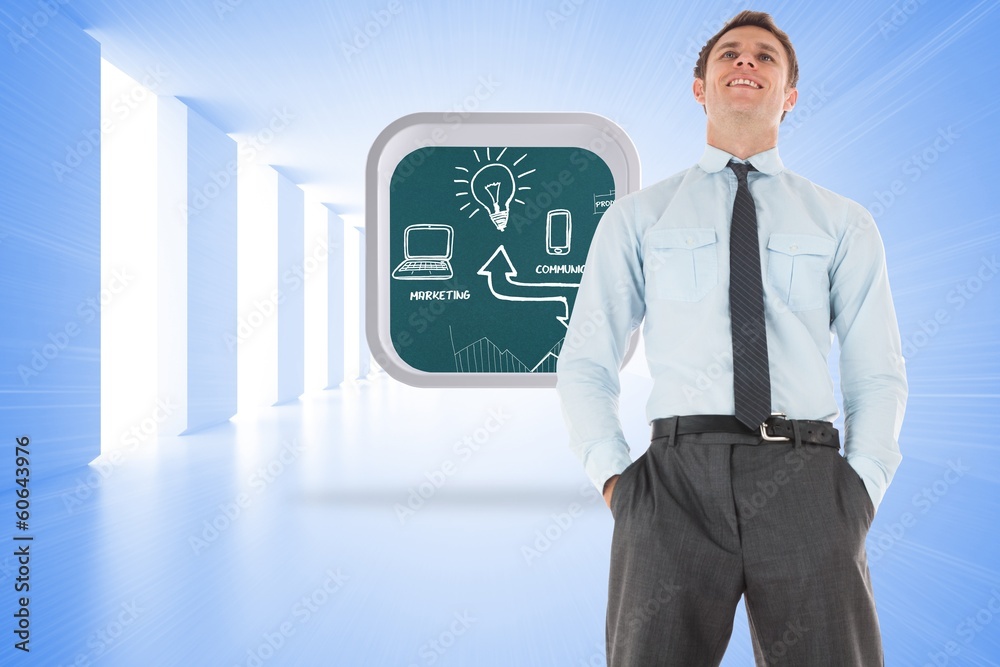 Poster composite image of happy businessman standing with hands in pock