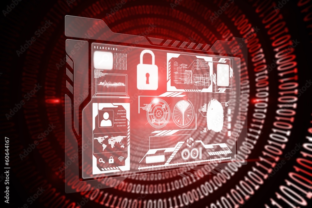 Poster Composite image of shiny red binary code on black background