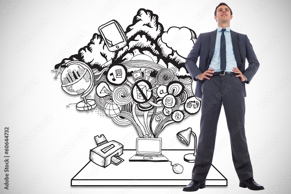 Poster composite image of happy businessman with hands on hips