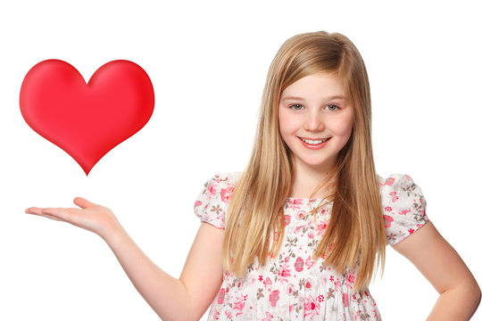 young girl with a red heart