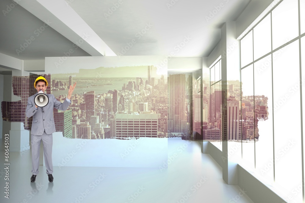 Poster Composite image of architect with hard hat shouting with a megap