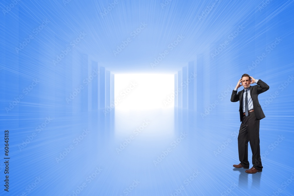 Poster composite image of stressed businessman with hands on head