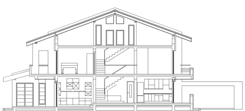 Modern American House Facade Section Architectural Blueprint