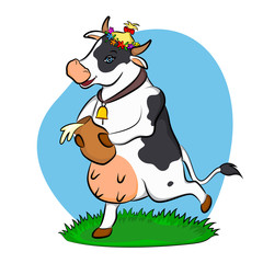 a cow with a jug of milk