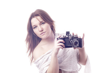 young girl  with retro camera  isolated on white