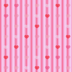 Pink and red hearts on striped cloth seamless background