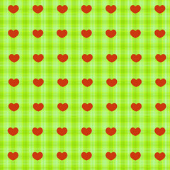 Red hearts on green tablecloth seamless background