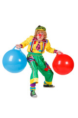 Funny clown with balls in studio isolated on white background