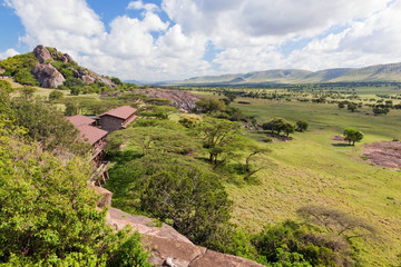 Fototapeta na wymiar Tourist lodgy on savanna in Tanzania, Africa