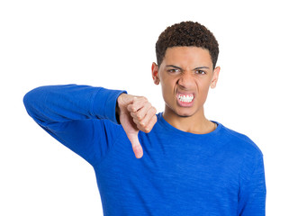 Angry mad pissed off man, annoyed, giving thumbs down gesture
