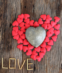 word love with red and metal heart shaped valentines day