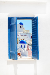 Open traditional Greek blue window on Santorini island, Greece - obrazy, fototapety, plakaty