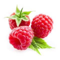 Raspberry with leaves isolated on white background