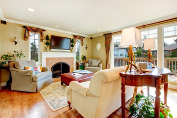 Bright living room with cozy furnite and stoned background firep