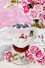 Yogurt dessert with summer fruits: strawberries, raspberries and