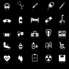 Hospital icons with reflect on black background