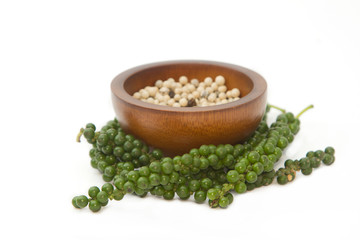 Fresh green pepper with heap of white pepper,Thai spice