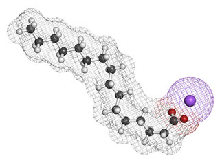 Sodium palmitate soap molecule. Prepared from palm oil.