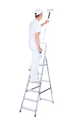Painter With Paint Roller And Ladder