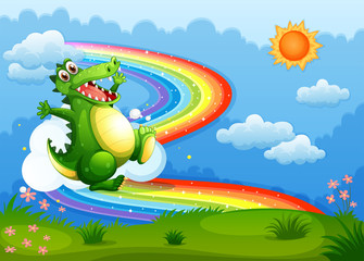 Obraz premium A rainbow in the sky with a green crocodile