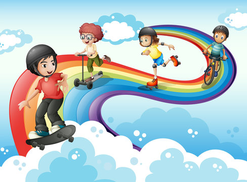 Kids in the sky playing with the rainbow
