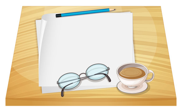 A table with empty papers, a pencil, an eyeglass and a cup of ho