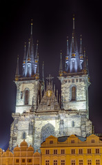 Obraz premium Church of Our Lady Before Tyn at night, Prague, Czech Republic