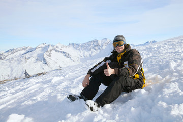 The skier giving thumbs up at snow slope