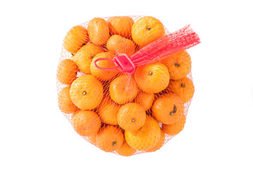 Fresh Oranges in Plastic Mesh Sack isolated on white.