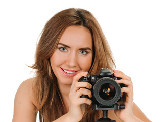 portrait of beauty woman with camera on white