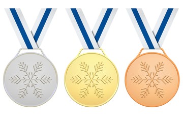 Medals with blue white ribbons for Winter games