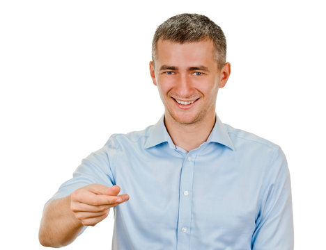 young man shows sign and symbol by hands on white background