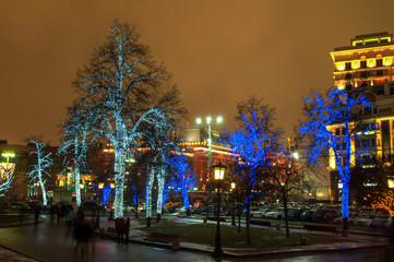 Fototapeta na wymiar illuminated trees on the street in Moscow