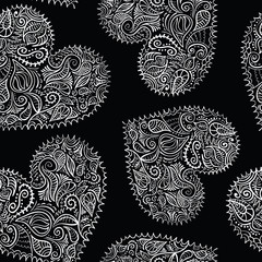 black and white ornate hearts seamless pattern