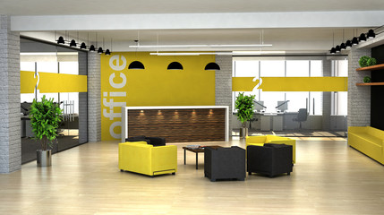 3d rendering an interior of the office. Hall with reception