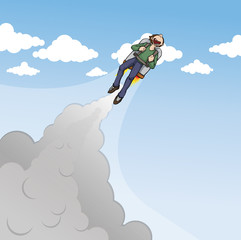 Happy boy flying in the sky with jet pack