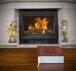Old book and fireplace