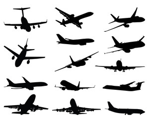 Black silhouettes of different airplane, vector - obrazy, fototapety, plakaty
