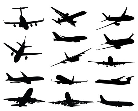 Black silhouettes of different airplane, vector