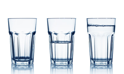 Isolated on white empty, half and full water glasses