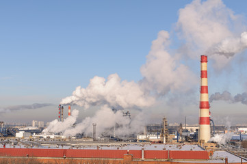 Oil refinery in the city of Moscow in winter