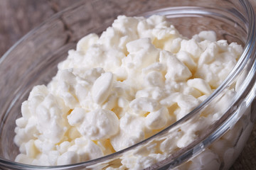 white cottage cheese close-up in glass bowl